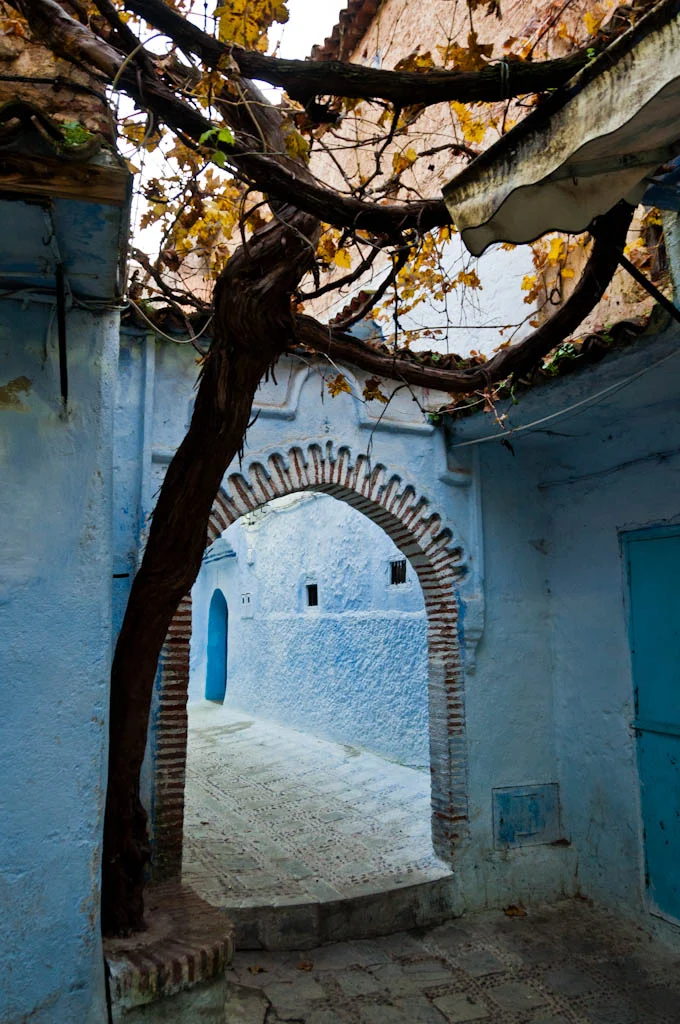 Blue-painted doorway and street in Chefchaouen, Morocco