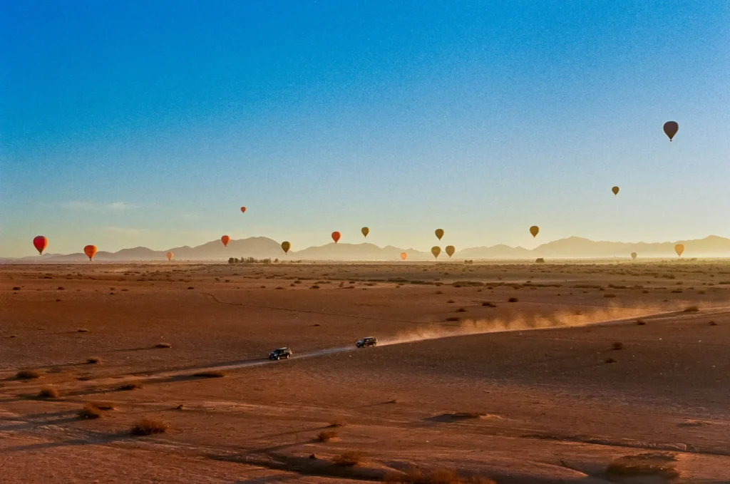 Hot air balloons above Agafay near Marrakech at sunrise